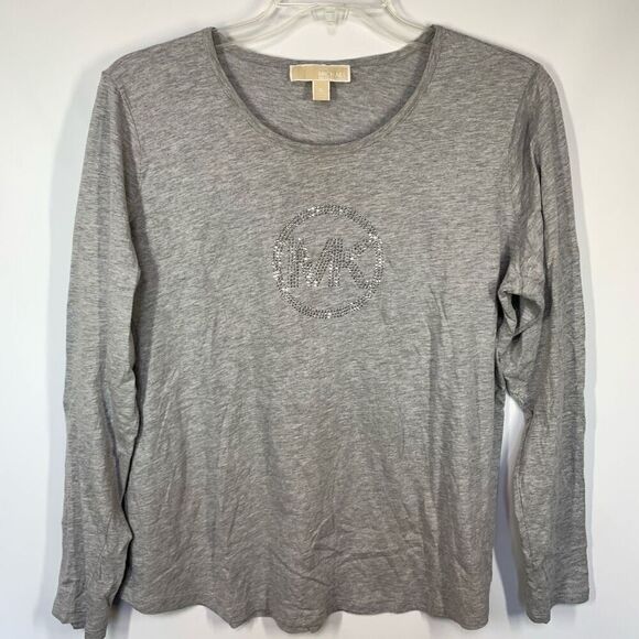 Michael Kors Women's Gray MK Crystal Logo Bling Long Sleeve T-Shirt Size XL - Picture 1 of 8